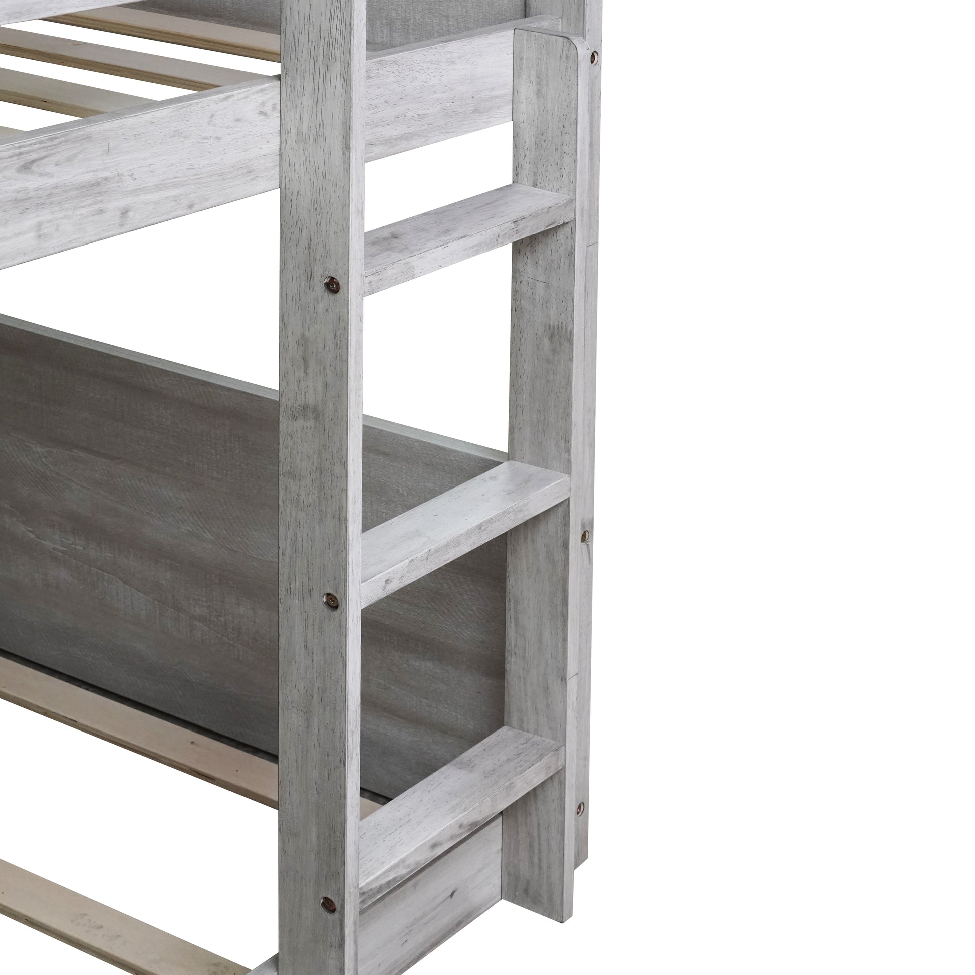 Twin Over Twin Floor Bunk Bed With Panelled Headboard And Footboard, Solid Rubber Wood Foundation With Safety Guardrails, Built In Ladder,Antique White Twin Antique White Rubber Wood