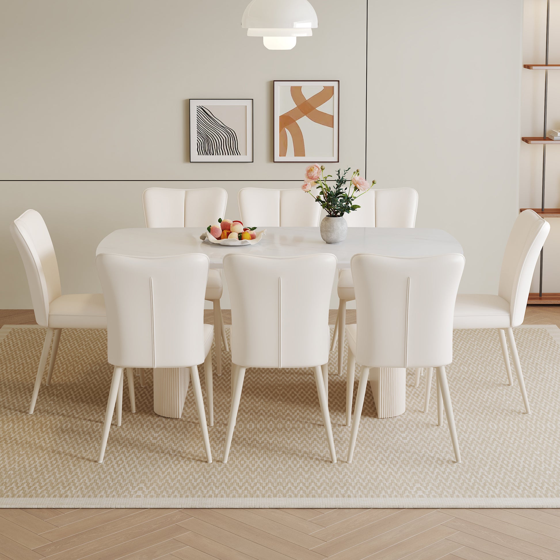 Table And Chair Set.67*35.4 Cream Style Mdf White Dining Table Set With 8 Cream Style Dining Chairs With A Vertical Line Design On Backrest.Adding A Warm And Gentle Atmosphere To Your Family. White