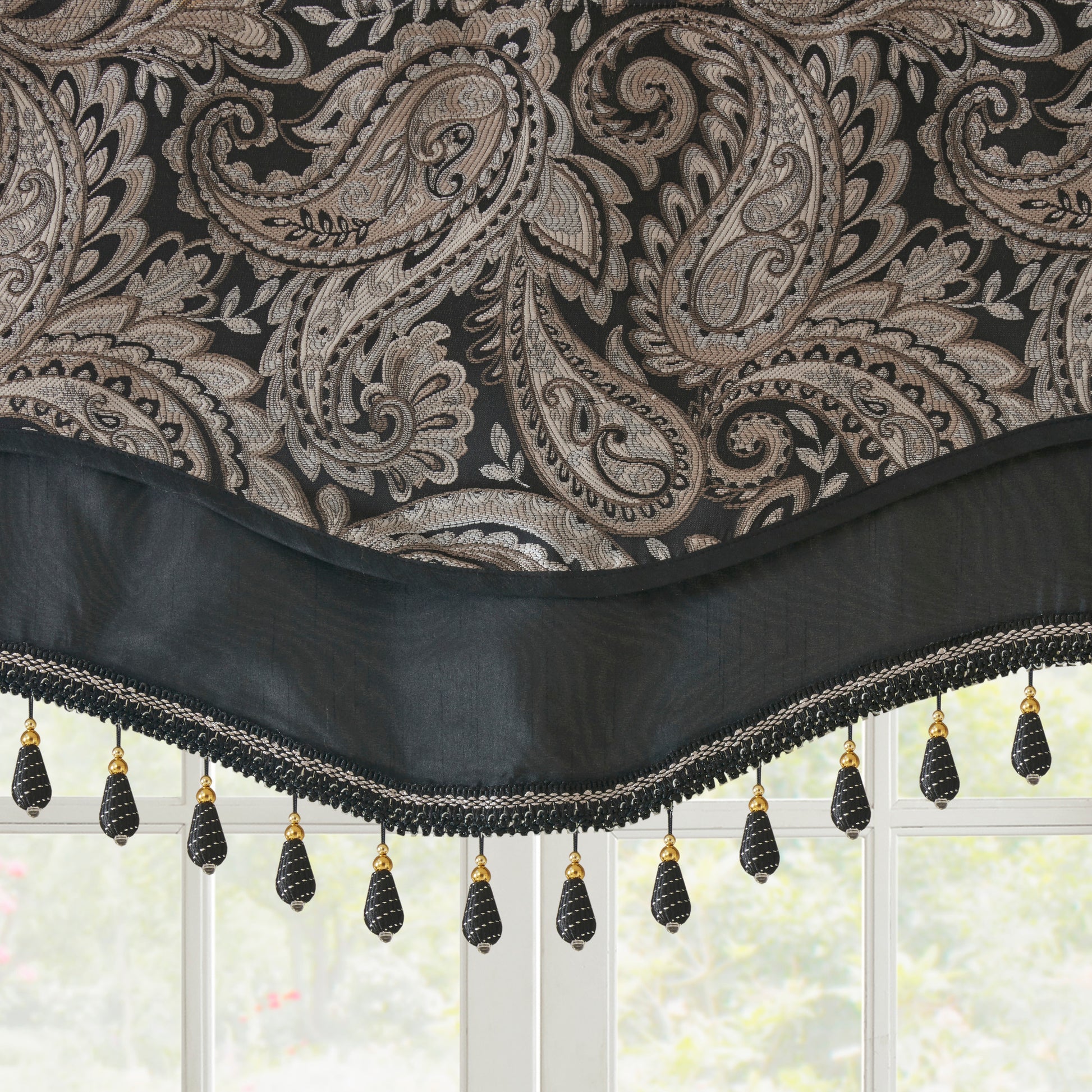 Jacquard Window Rod Pocket Valance With Beads Black 50X18" Black Polyester