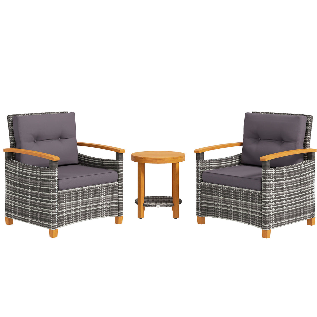 Outsunny 3 Pieces Patio Bistro Set Wooden With Cushions, Pe Wicker Patio Furniture Outdoor For Porch, Backyard, Garden, Gray Gray Rattan Metal