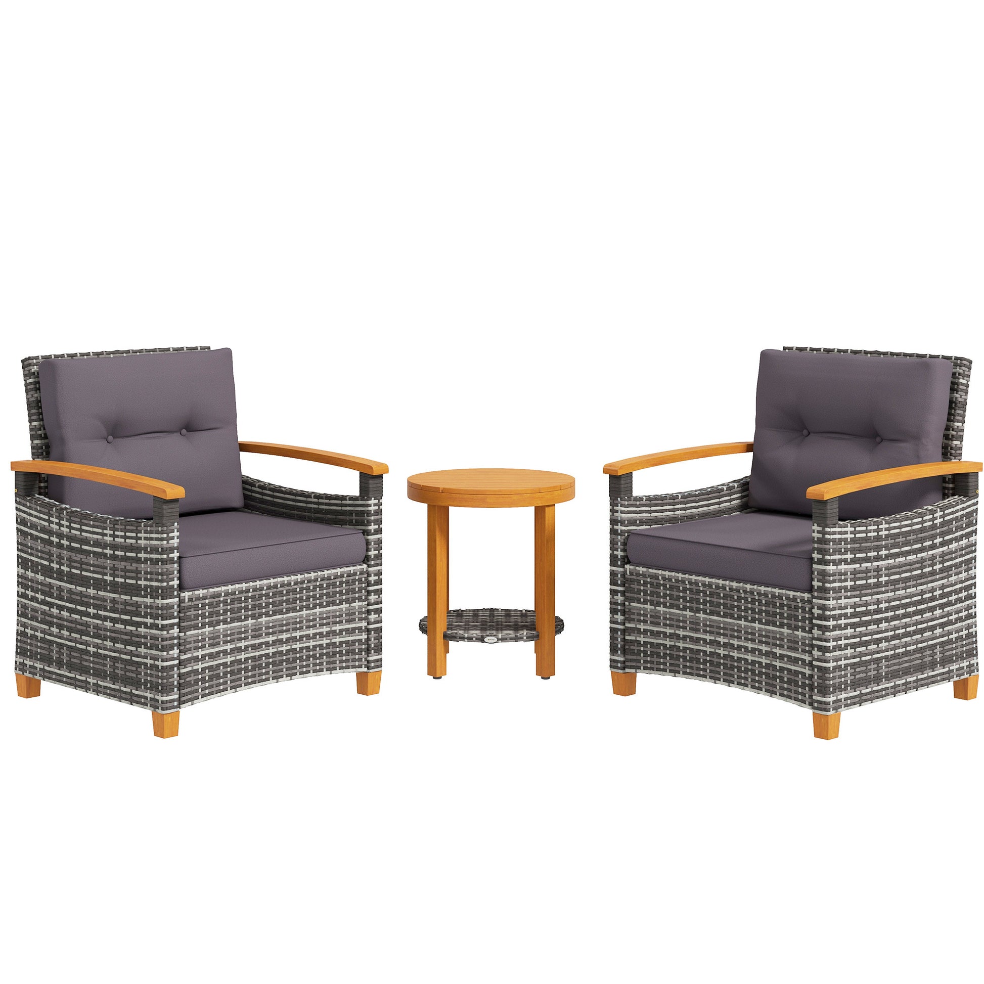 Outsunny 3 Pieces Patio Bistro Set Wooden With Cushions, Pe Wicker Patio Furniture Outdoor For Porch, Backyard, Garden, Gray Gray Rattan Metal