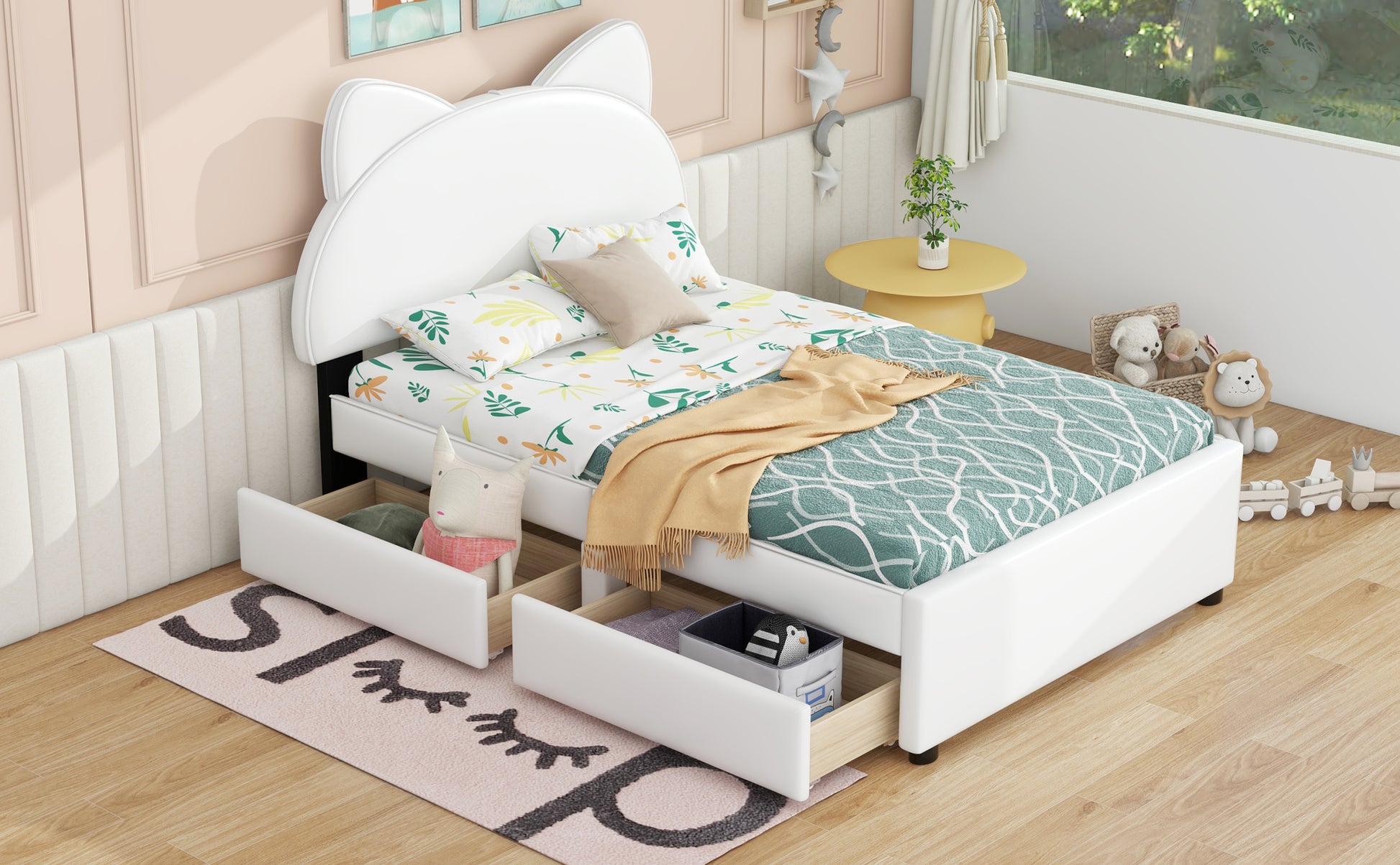 Twin Size Upholstered Platform Bed With Cartoon Ears Shaped Headboard And 2 Drawers, White Box Spring Not Required Twin White Wood Bedroom Bed Frame Faux Leather Upholstered