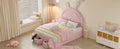 Full Size Upholstered Rabbit Shape Bed With 2 Storage Stools, Velvet Platform Bed With Cartoon Ears Shaped Headboard, Pink Full Pink Wood