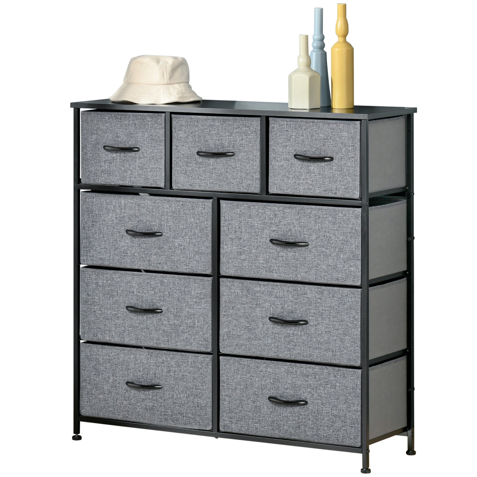 Homcom 9 Drawers Storage Chest Dresser Organizer Unit W Steel Frame, Wood Top, Easy Pull Fabric Bins, For Bedroom, Hallway, Closet, Entryway, Black & Grey Black Grey Polyester