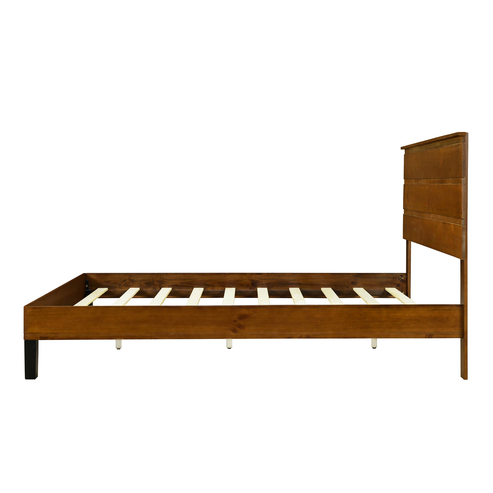 Mid Century Modern Solid Wood Bed Frame Queen Size Platform Bed With Three Piece Headboard Design, No Box Spring Needed, Brown Queen Brown Pine