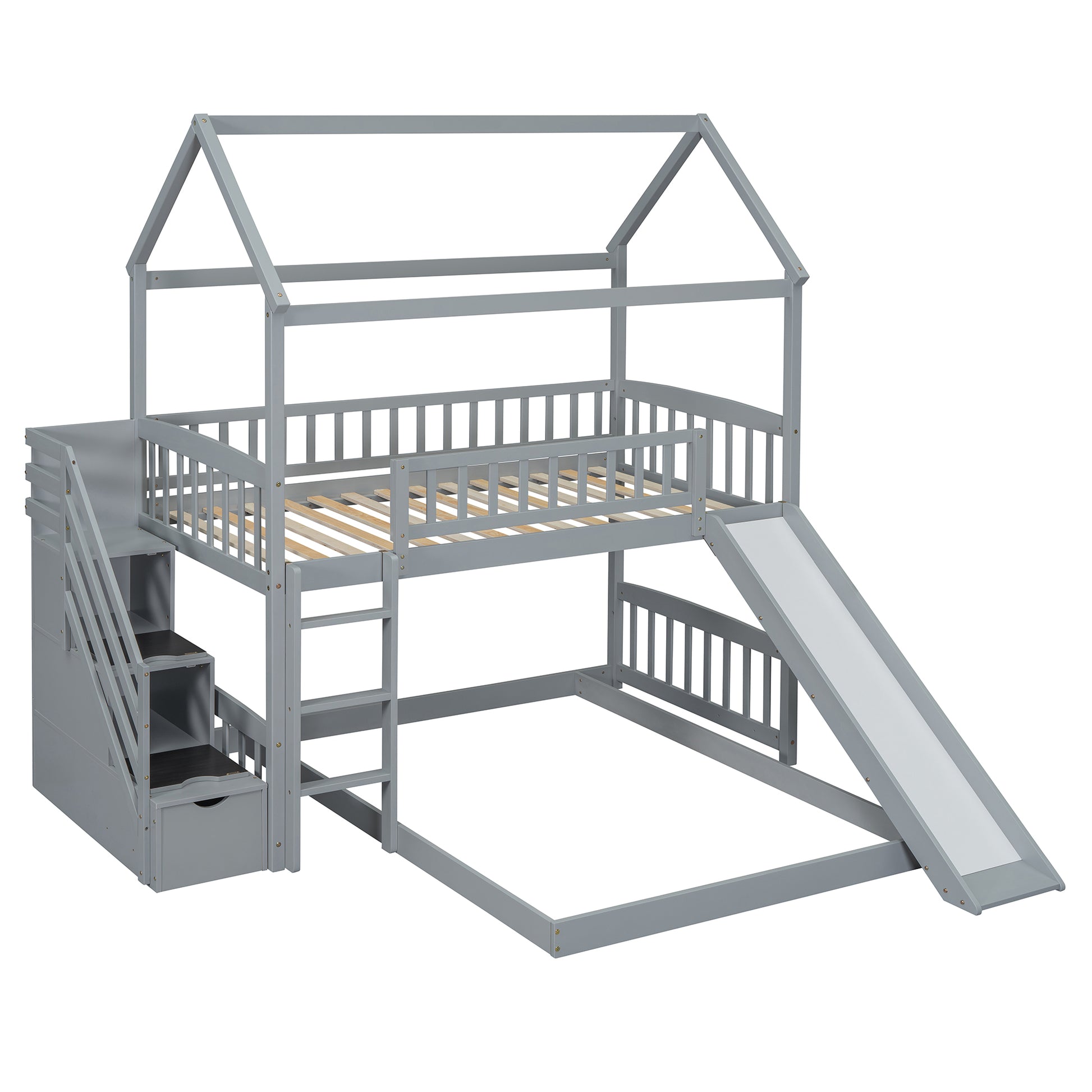 Twin Over Twin Bunk Bed With Two Drawers And Slide, House Bed With Slide, White Old Sku :Lt000129Aae Gray Pine