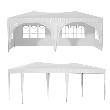 10'X20' Pop Up Canopy Tent With 6 Sidewalls, Ez Pop Up Outdoor Canopy For Parties, Waterproof Commercial Tent With 3 Adjustable Heights, Carry Bag, 6 Sand Bags, 6 Ropes And 12 Stakes, White White Metal