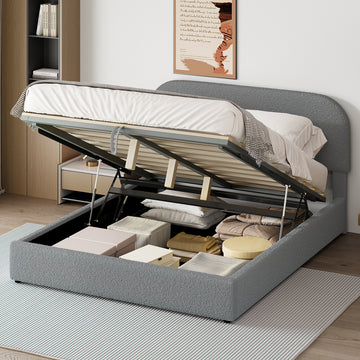 Teddy Fleece Queen Size Upholstered Platform Bed With Hydraulic Storage System, Gray Queen Gray Teddy