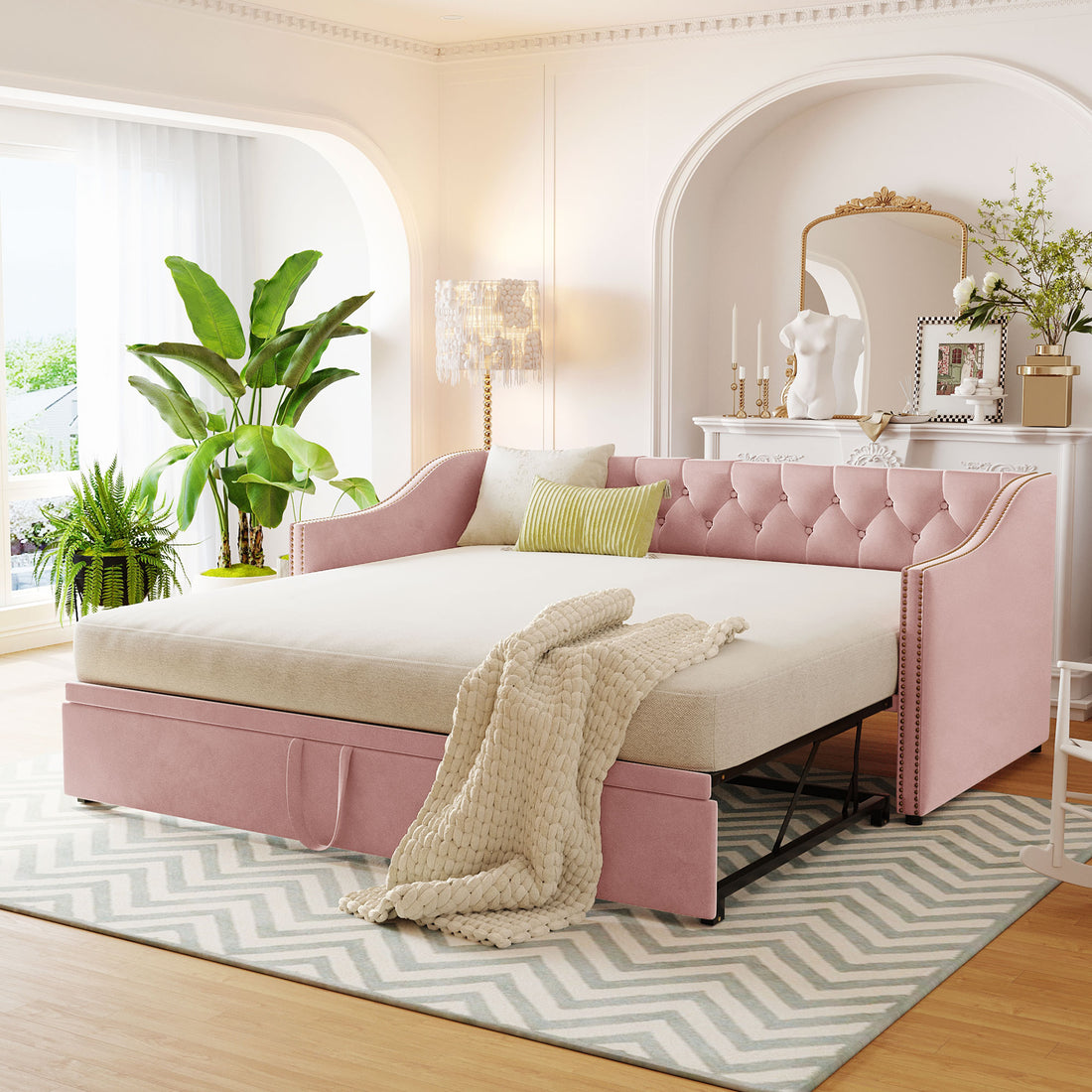 Twin Size Upholstered Daybed With Pop Up Trundle, Pink Twin Pink Upholstered