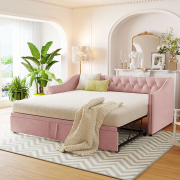 Twin Size Upholstered Daybed With Pop Up Trundle, Pink Twin Pink Upholstered