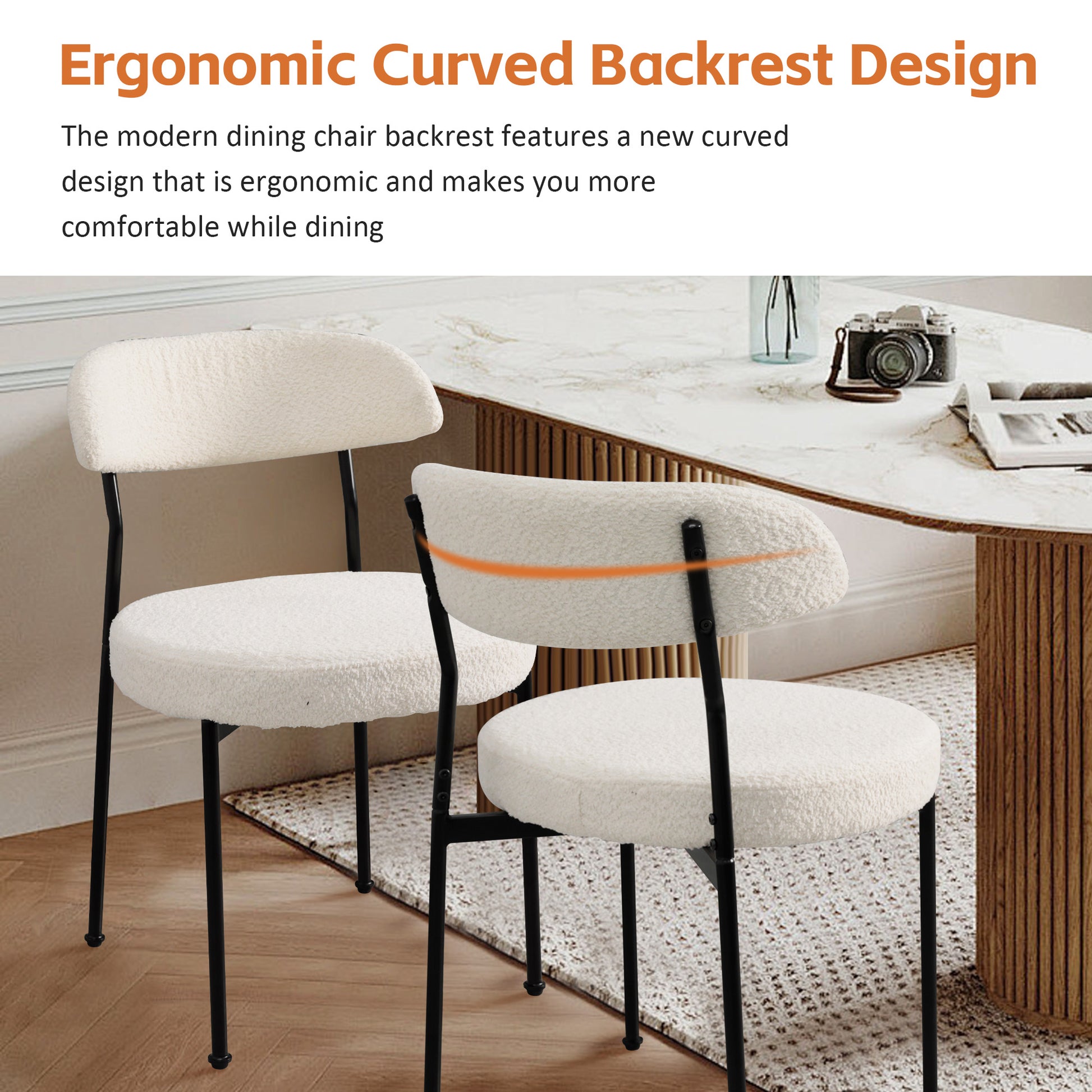 Boucle Upholstered Dining Chairs With Curved Backrest & Metal Legs Set Of 2, Beige Metal Beige Dining Room Foam Classic,Modern Dining Chairs Set Of 2 Foam Fabric Metal