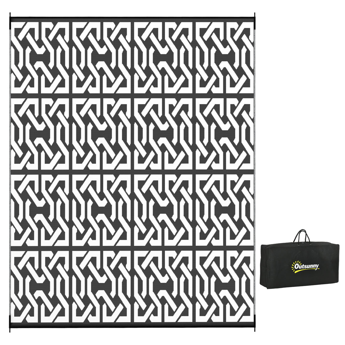 Outsunny Reversible Outdoor Rug, 8' X 10' Waterproof Plastic Straw Floor Mat, Portable Rv Camping Carpet With Carry Bag, Large Floor Mat For Backyard, Deck, Picnic, Beach, Black & White Chain Multicolor Polypropylene