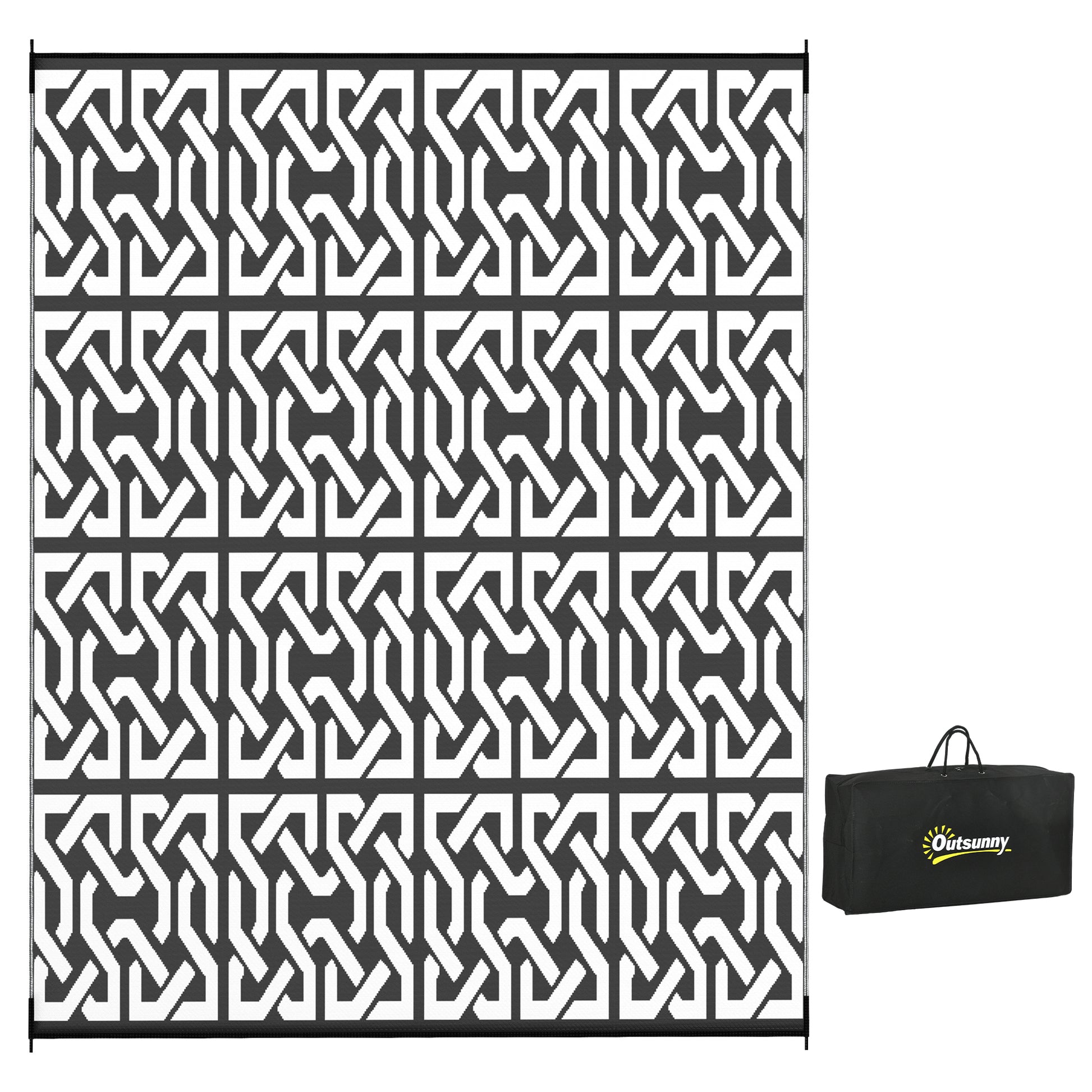 Outsunny Reversible Outdoor Rug, 8' X 10' Waterproof Plastic Straw Floor Mat, Portable Rv Camping Carpet With Carry Bag, Large Floor Mat For Backyard, Deck, Picnic, Beach, Black & White Chain Multicolor Polypropylene