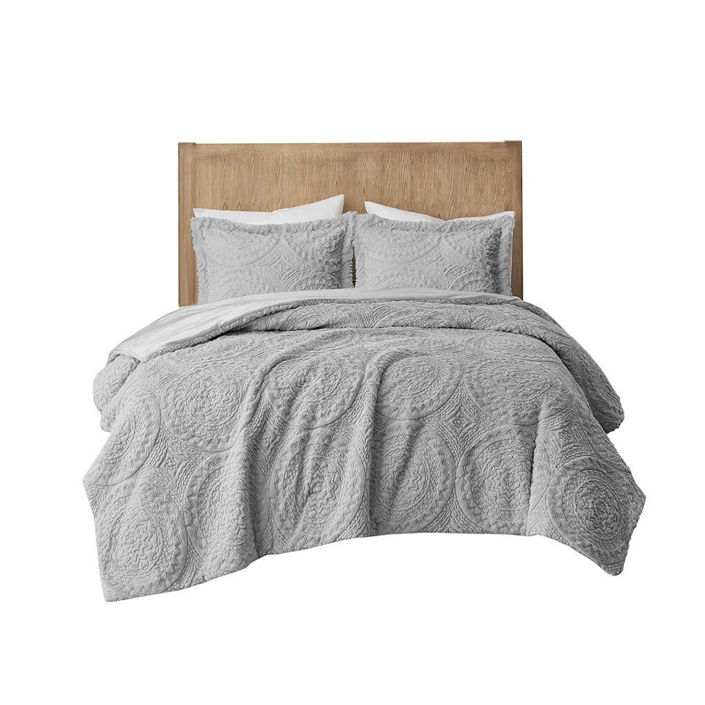 Embroidered Medallion Faux Fur Ultra Plush Comforter Mini Set Twin Grey Polyester