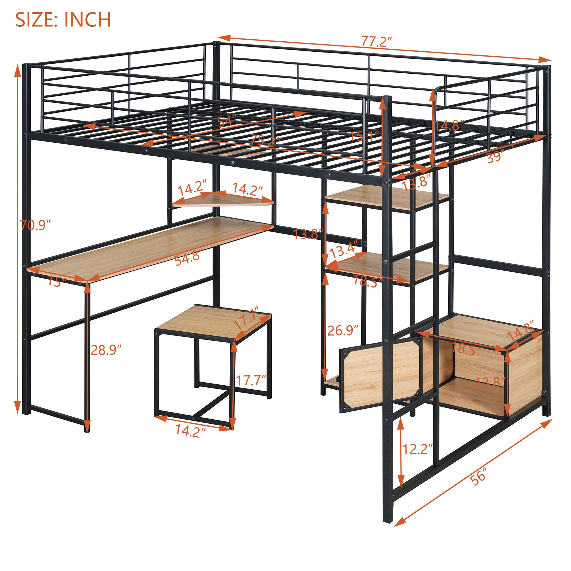 Full Size Loft Bed With Desk And Stool, Metal Loft Bed With Open Style Wardrobe, Shelves And Cabinet, Black Full Black Metal & Wood