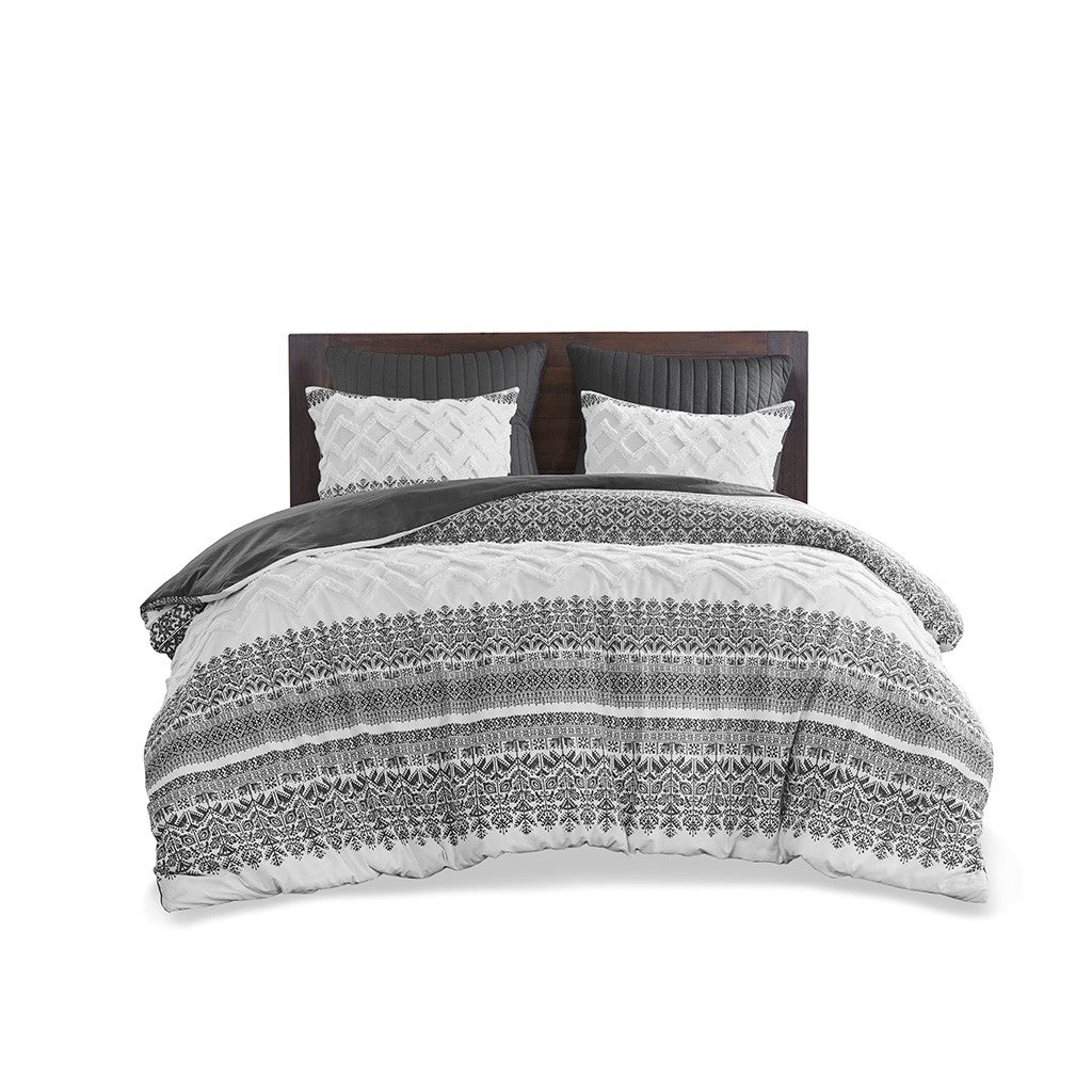 3 Piece Cotton Comforter Set With Chenille Tufting Gray King Cal King King Gray Cotton