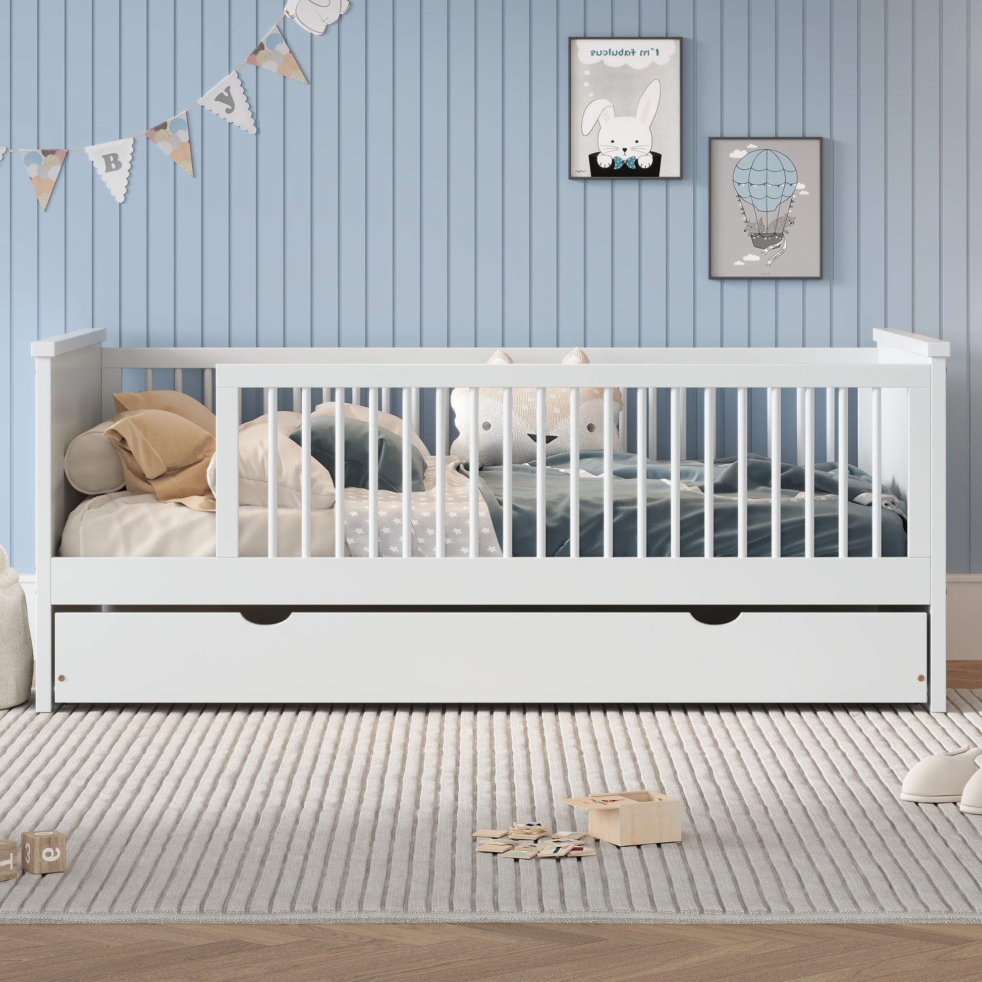 Wood Twin Size Platform Bed With Guardrail And Trundle, White Box Spring Not Required Twin White Wood Bed Frame Solid Wood Mdf