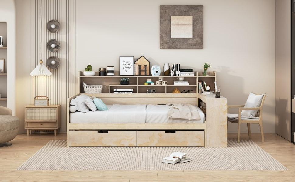 Wooden Full Size Daybed With Storage Shelves, Multi Functional Bed With Two Storage Drawers And Study Desk, Natural Full Natural Wood