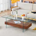 43.3 Inch Modern Two Tier Coffee Table Clear Tempered Glass And Dark Wood Grain, Multifunctional Storage Design.The Bottom Tier Includes A Drawer.Can Be Used As A Coffee Table,Side Table,Etc.