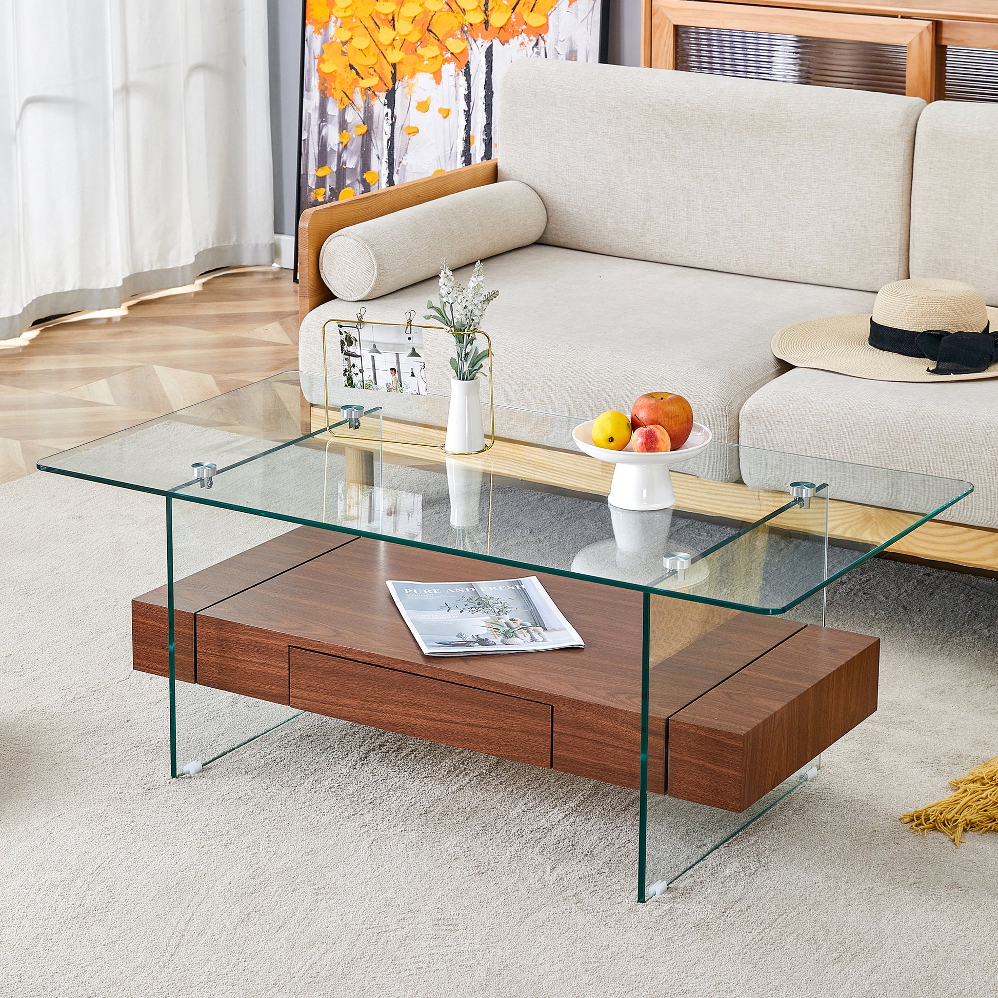 43.3 Inch Modern Two Tier Coffee Table Clear Tempered Glass And Dark Wood Grain, Multifunctional Storage Design.The Bottom Tier Includes A Drawer.Can Be Used As A Coffee Table,Side Table,Etc.