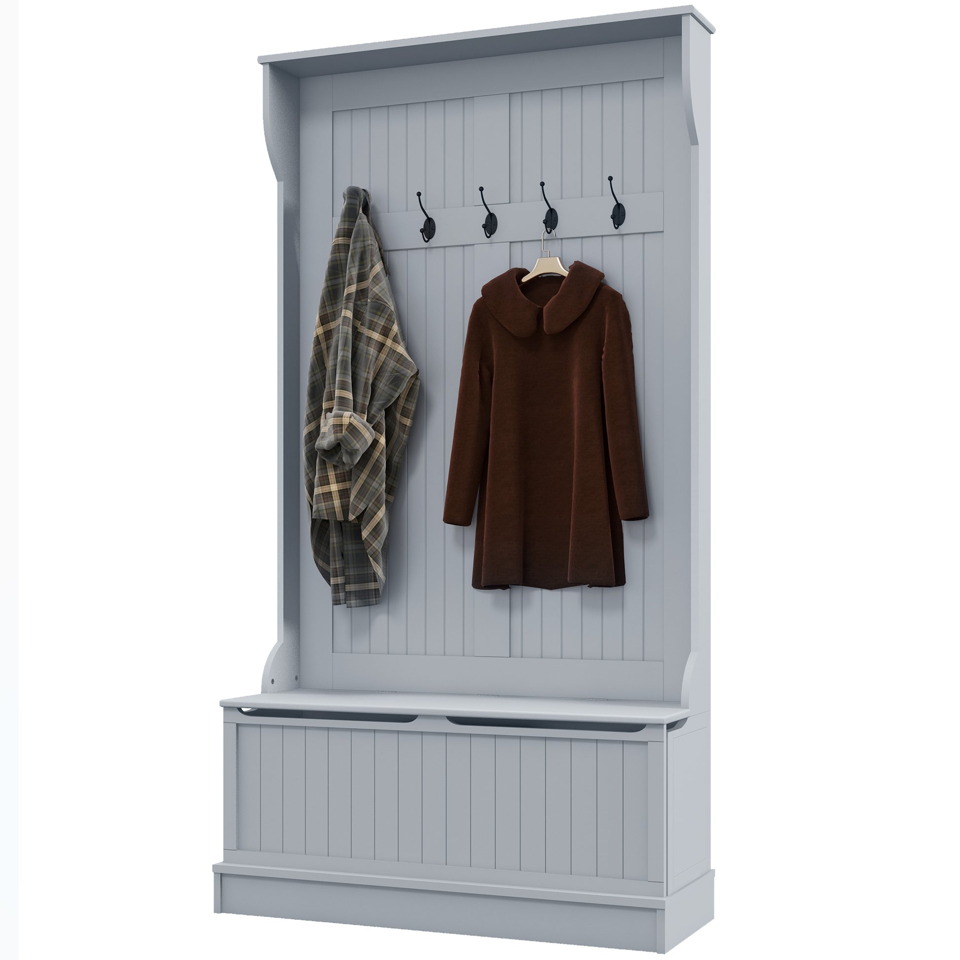 Homcom 38" 3 In 1 Entryway Hall Tree With Storage Bench, Coat Rack With Four Hooks And Shoe Storage, Gray Gray Mdf