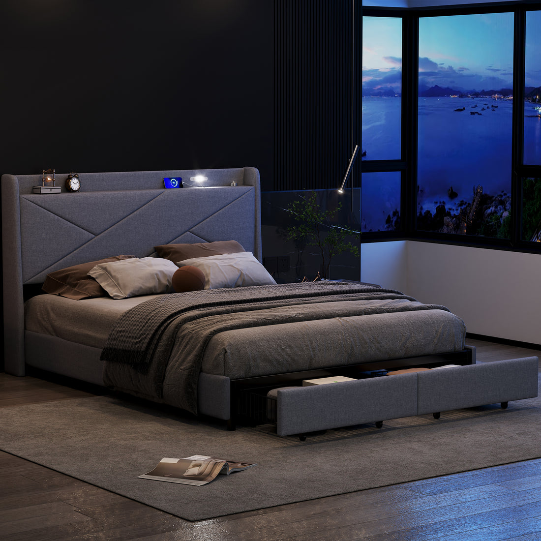 Queen Size Upholstery Platform Bed With Storage Headboard, Led, Usb Charging And 2 Drawers, Gray Queen Gray Upholstered