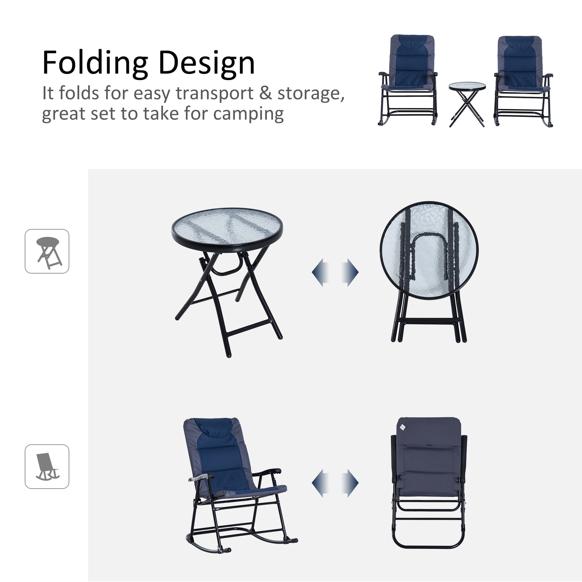Outsunny 3 Piece Outdoor Patio Furniture Set With Glass Coffee Table & 2 Folding Padded Rocking Chairs, Bistro Style For Porch, Camping, Balcony, Navy Blue Blue Oxford Fabric