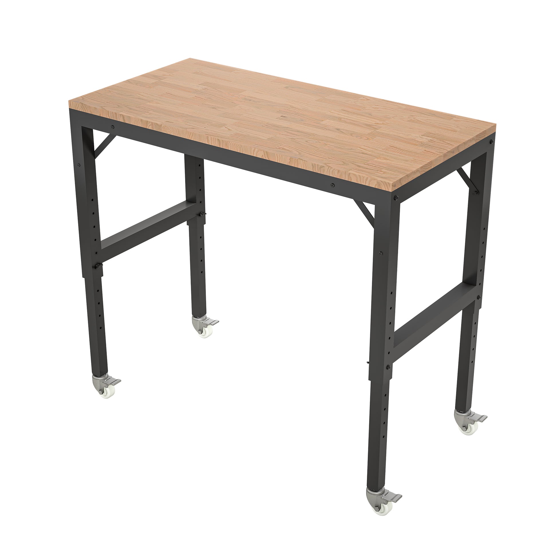 48" Heavy Duty Adjustable Workbench For Garage, Rubber Wood Shop Table W Metal Wheels, Hardwood Workstation Weight Capacity Over 2000 Lbs With Wheels Black Metal & Wood