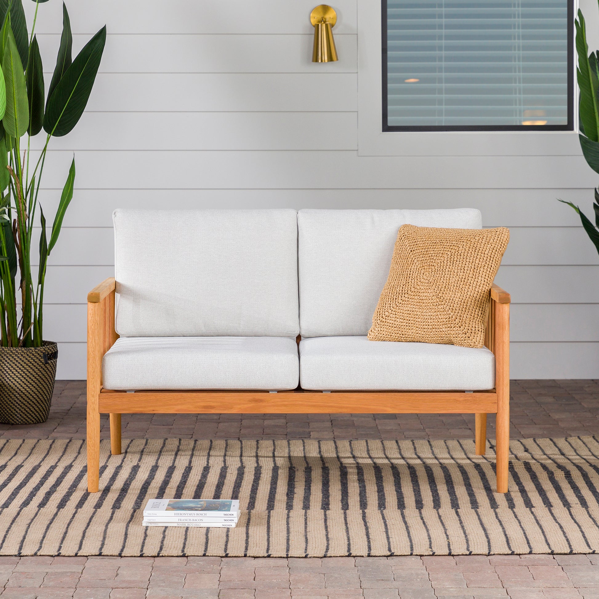 Contemporary Cushioned Eucalyptus Wood Patio Loveseat Natural Natural Eucalyptus Eucalyptus