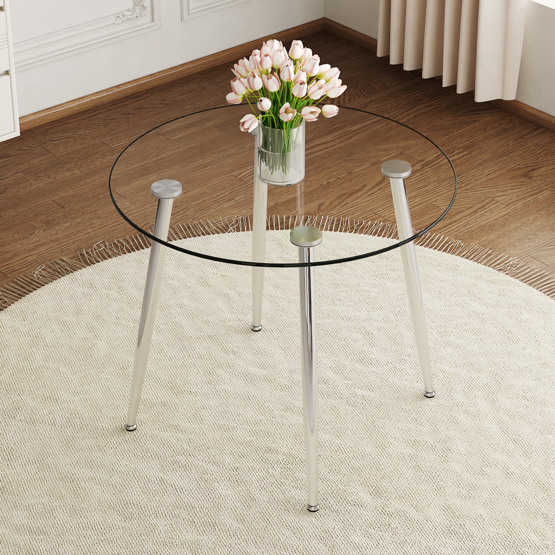 Round Dining Table With Glass Top, Silver Metal Legs, Exquisite Life, Starting From The Details, The Silver Legs Show An Extraordinary Texture, Which Is The Finishing Touch To Your Home Transparent Glass Metal