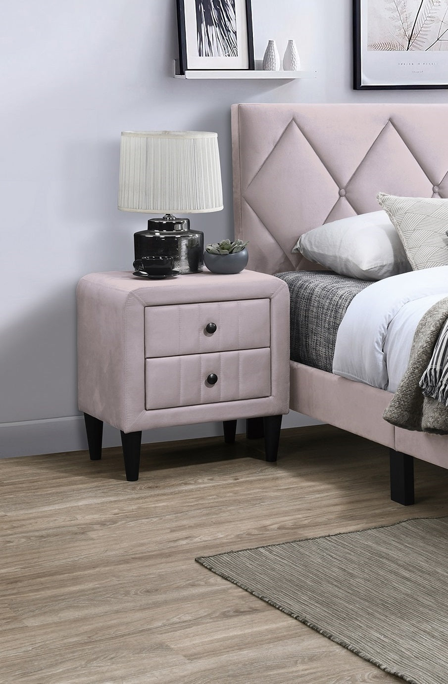 Light Pink Color Velvet Gorgeous 1Pc Nightstand Bedside Table 2X Drawers Bedroom Furniture Sleek Design Tempered Legs Light Pink 2 Drawers Bedroom Bedside Cabinet Classic,Contemporary,Glam,Modern Storage Velvet