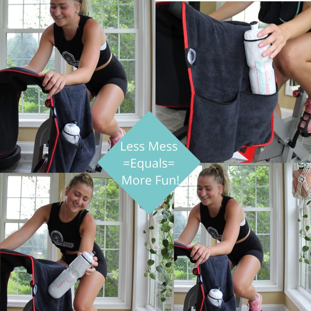 Sweat Protection Towel, Handlebar Sweat Towel For Peloton, Echelon Bike, Bike Trainer Stand, Indoor Cycling Workout Towel With 4 Pocket For Water Bottle Or Phone Holder Black Polyester