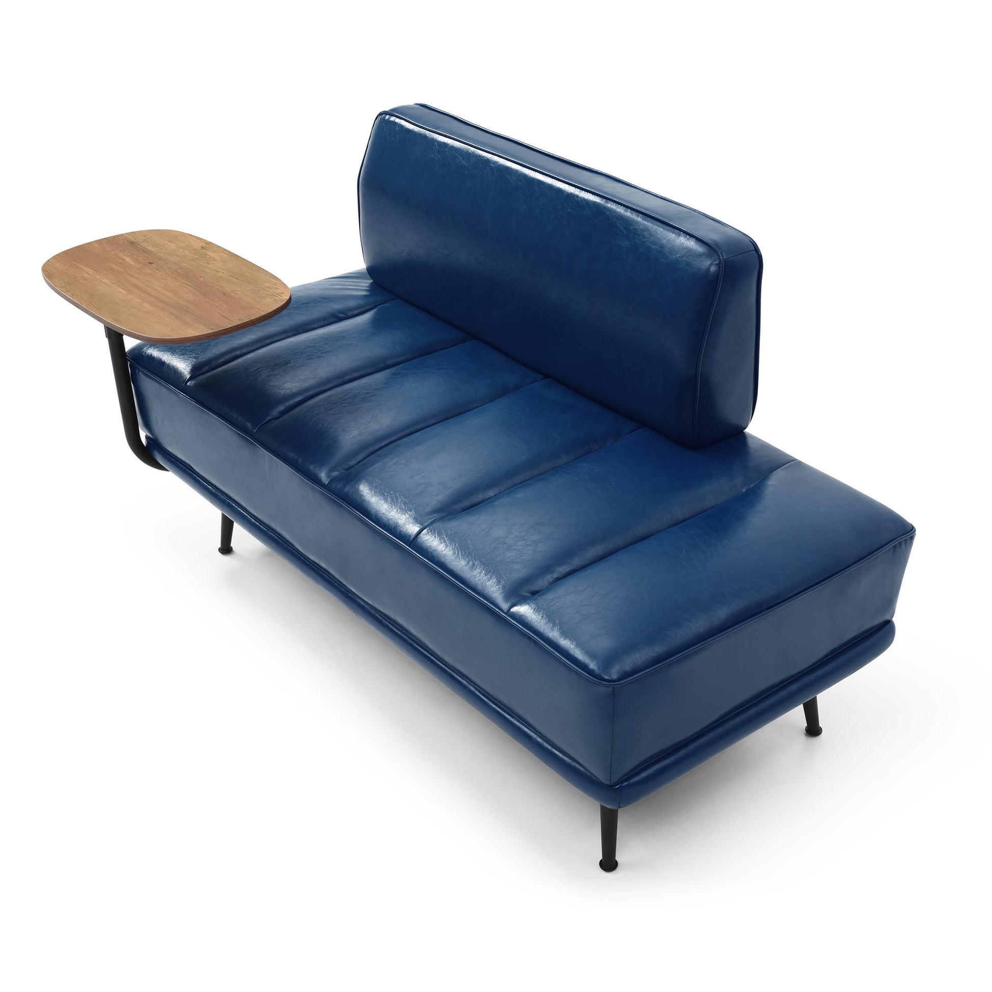 55"Inch Width Modern End Of Bed Bench,Blue Faux Leather Upholstered With Side Table, 360 Degree Swivel Tray Couch,Entryway Ottoman,Window Bench With Metal Legs For Bedroom, Living Room Blue Faux Leather Wood Primary Living Space Modern Foam Pu Leather 2