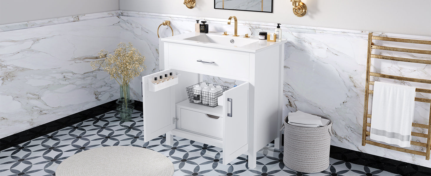 30 Inch Bathroom Vanity With Ceramic Sink And Large Storage The Perfect Choice For Small Bathrooms White Bathroom Solid Wood Mdf