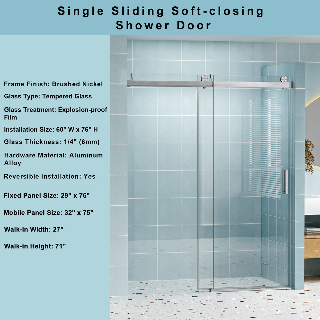 56" 60" W X 76" H Frameless Shower Door Soft Closing Single Sliding, 1 4" 6Mm Tempered Glass With Explosion Proof Coating, 24D01 60Bnx Brushed Nickel Brushed Nickel Tempered Glass