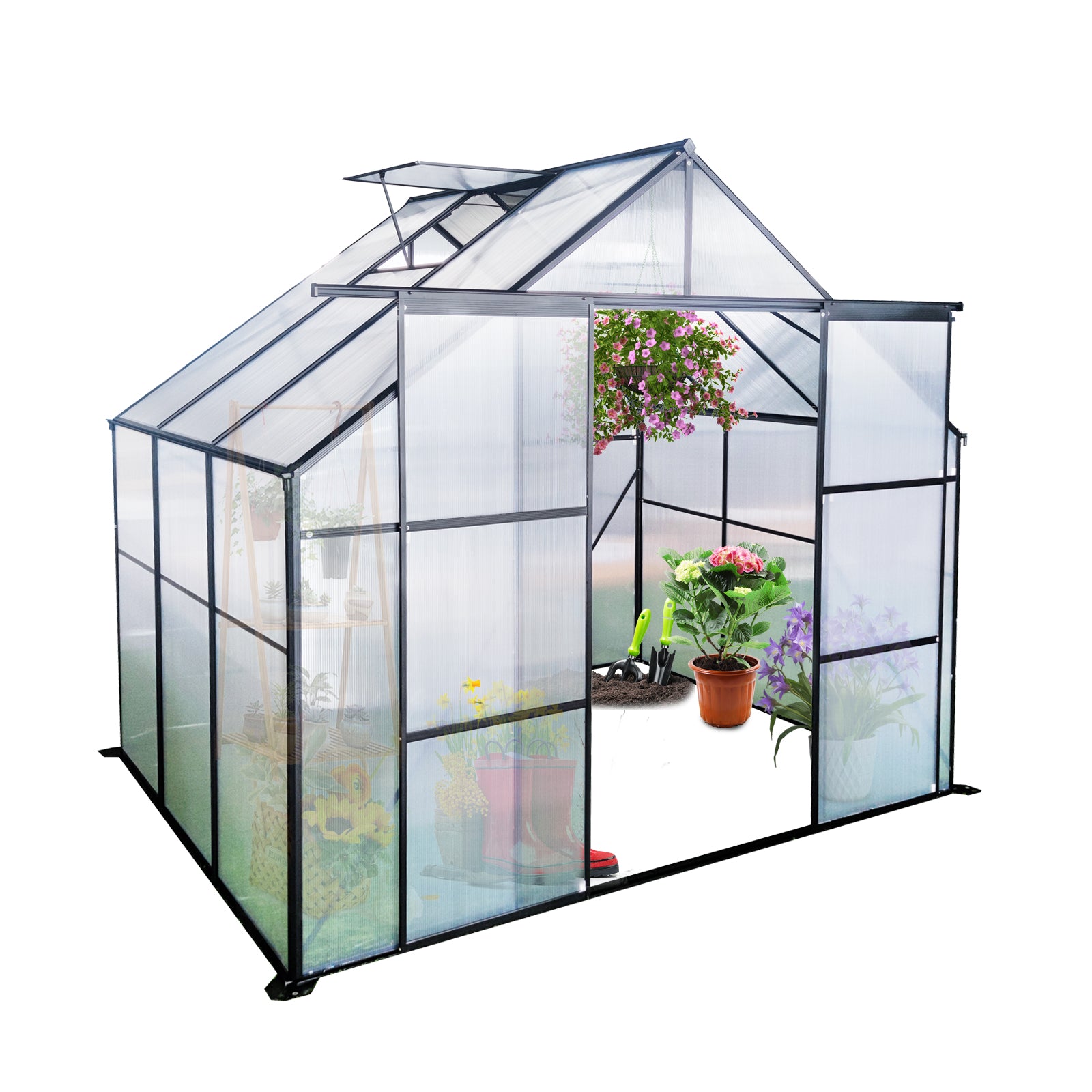 8X6Ft Black Double Door Polycarbonate Greenhouse Raised Base And Anchor Aluminum Heavy Duty Walk In Greenhouses For Outdoor Backyard In All Season Black Aluminium