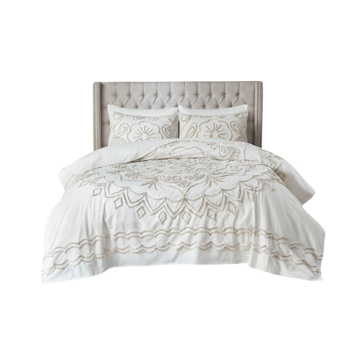3 Piece Tufted Cotton Chenille Coverlet Set Ivory Taupe King Cal King Ivory Taupe Cotton