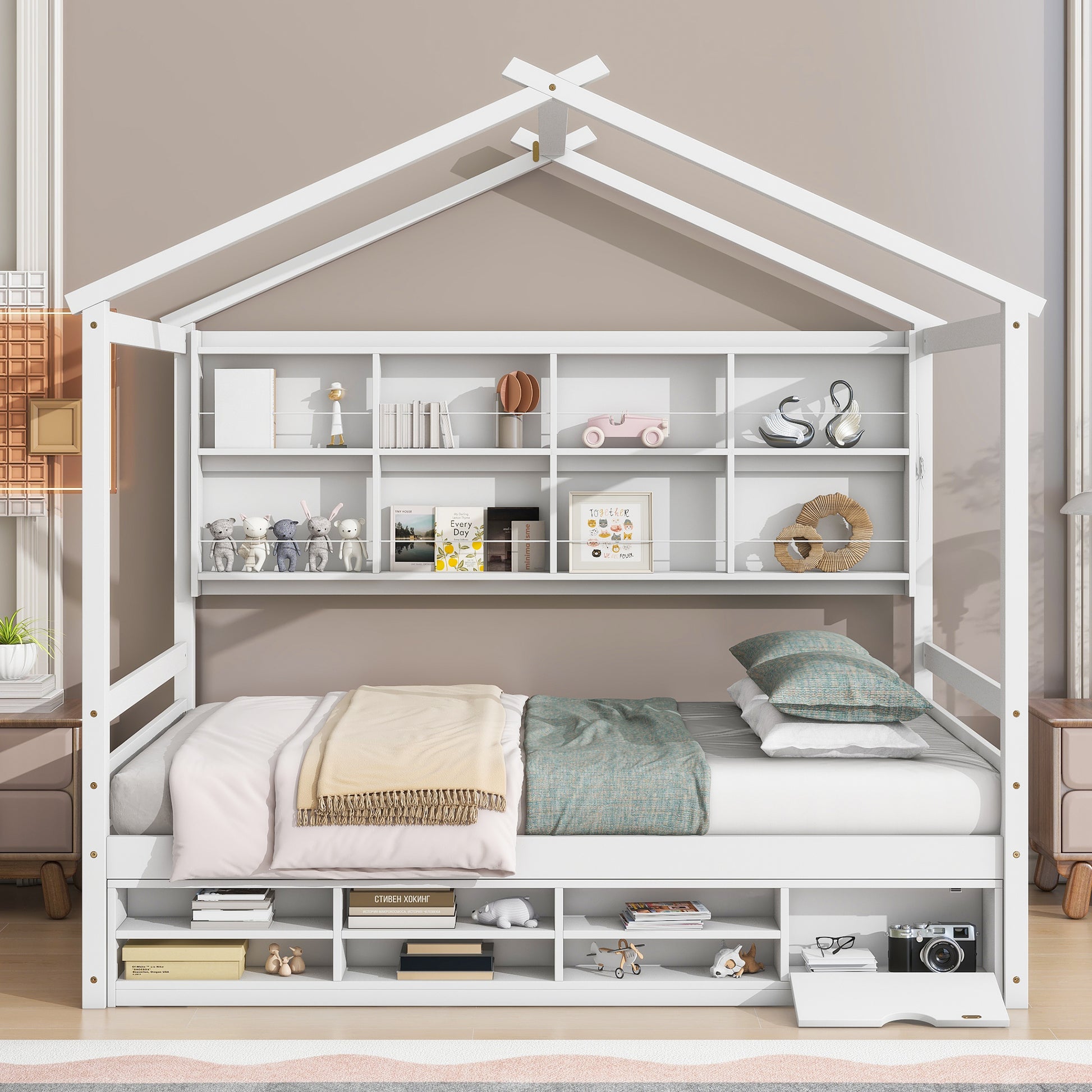 Full House Bed With Roof Frame, Bedside Shelves, Under Bed Storage Unit,White Full White American Design Pine