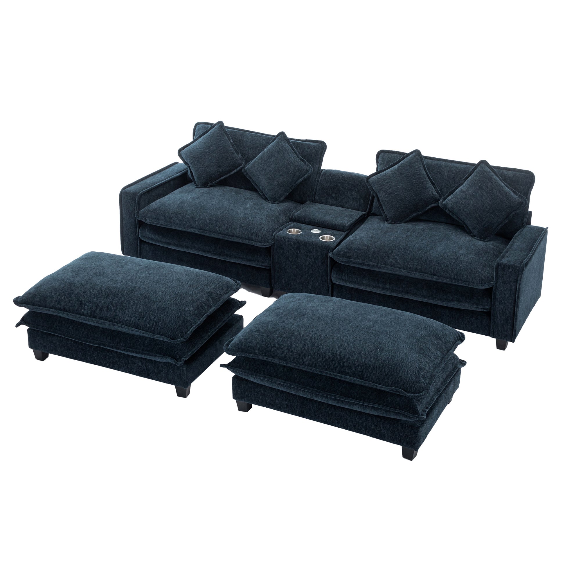 112.6" Sectional Sofa Chenille Upholstered Sofa With Two Removable Ottoman, Two Usb Ports, Two Cup Holders And Large Storage Box For Living Room, Blue Blue Foam Chenille 2 Seat