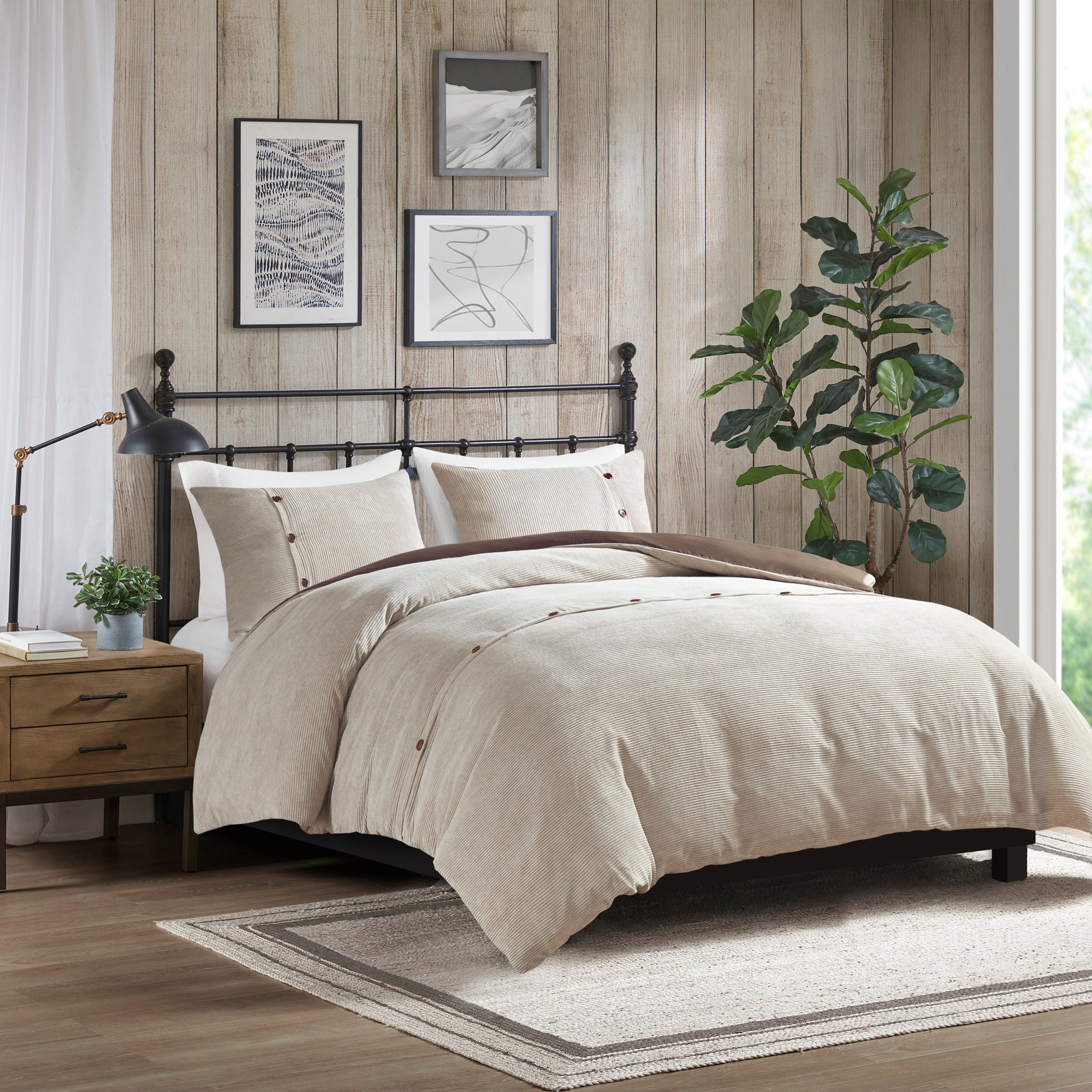 3 Piece Corduroy Duvet Cover Set King Tan Polyester