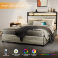 Queen Size Bed Frame With 4 Storage Drawers And 2 Usb Ports, Upholstered Platform Bed Frame With Storage Headboard Charging Station And Metal Slat Support, No Box Spring Needed, Dark Grey. Box Spring Not Required Queen Dark Grey Metal Bedroom Bed Frame