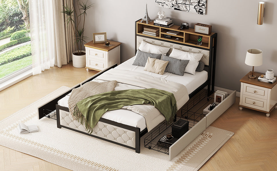 Metal Full Size Platform Bed With 4 Drawers, Upholstered Headboard And Footboard, Sockets And Usb Ports, Beige Full Beige Black Fabric Metal