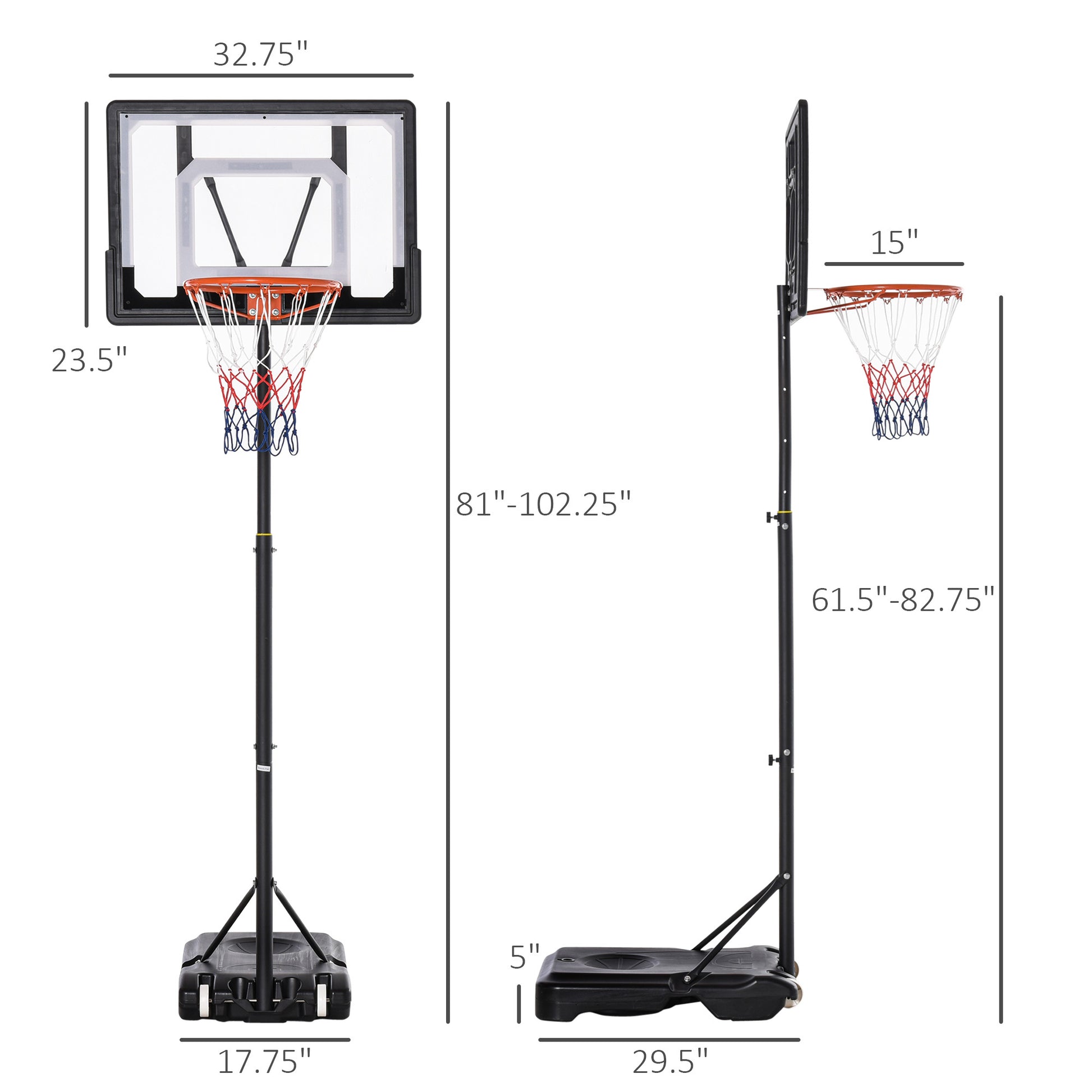 Soozier Portable Basketball Hoop System Stand With 33In Backboard, Height Adjustable 5Ft 7Ft For Indoor Outdoor Use Black Steel