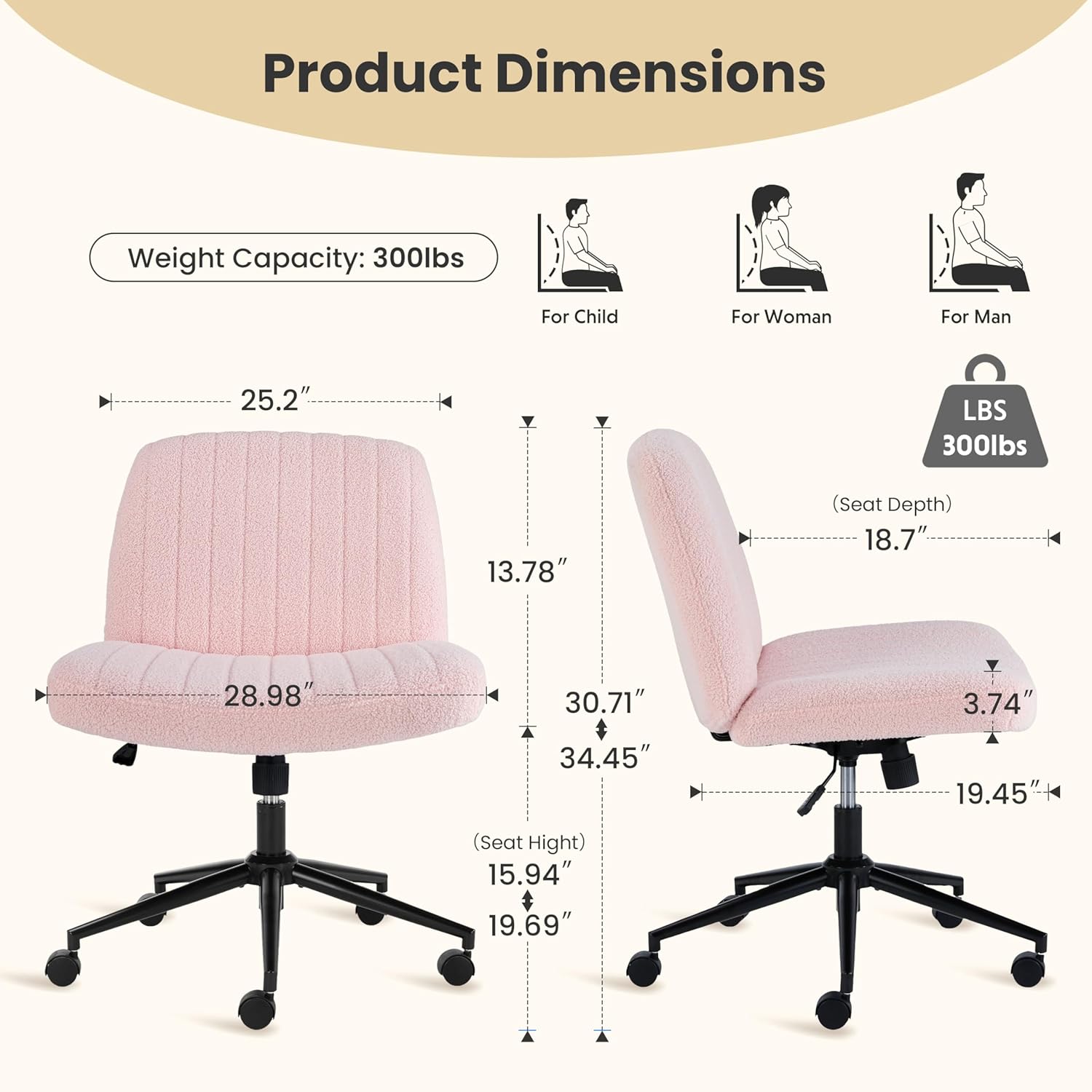 Criss Cross Chair With Wheels, Armless Legged Office Desk Chair, Comfy Swivel Rolling Vanity Chair, Ergonomic Fabric Modern Wide Seat Adjustable Home Office Chair Pink Pink Metal