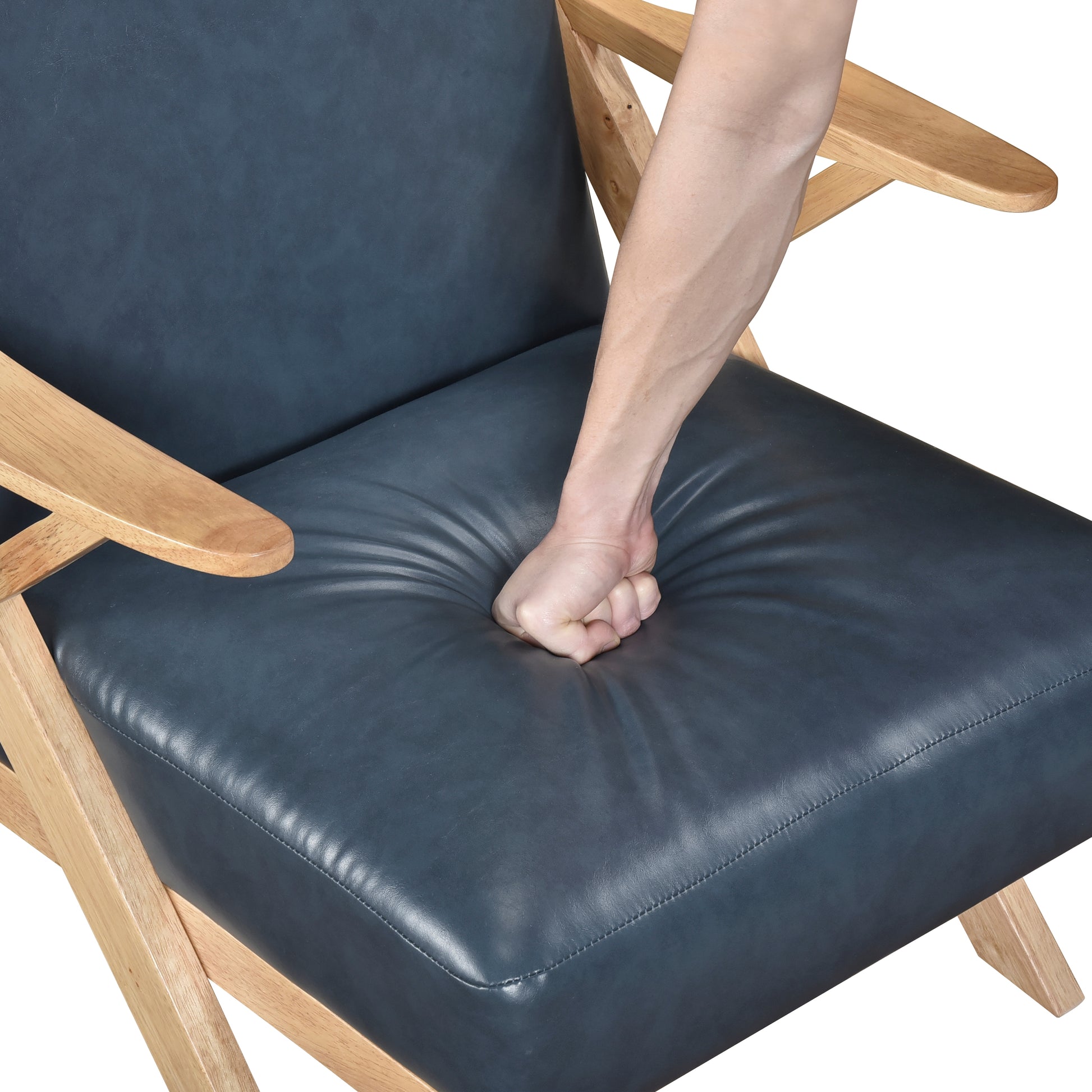 Natural Finish Solid Rubberwood Frame 1Pc Accent Chair Blue Faux Leather Upholstery Living Room Furniture Blue,Natural Primary Living Space Rubberwood Solid Wood