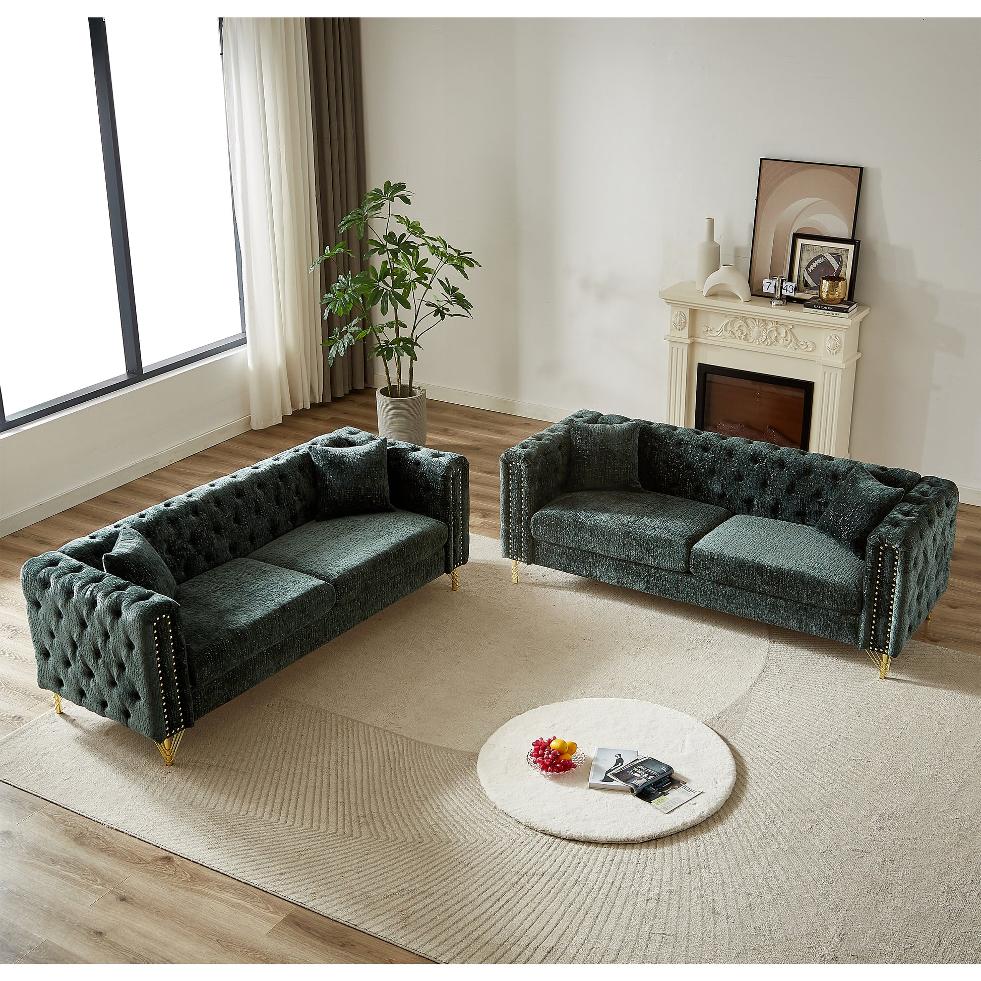 Chenille Pull Buckle Design Sofa For Living Room,Buttons Tufted With Copper Nail Decoration Armrest, Modern Couch Upholstered Button And Metal Legs Green Foam Chenille 6 Seat