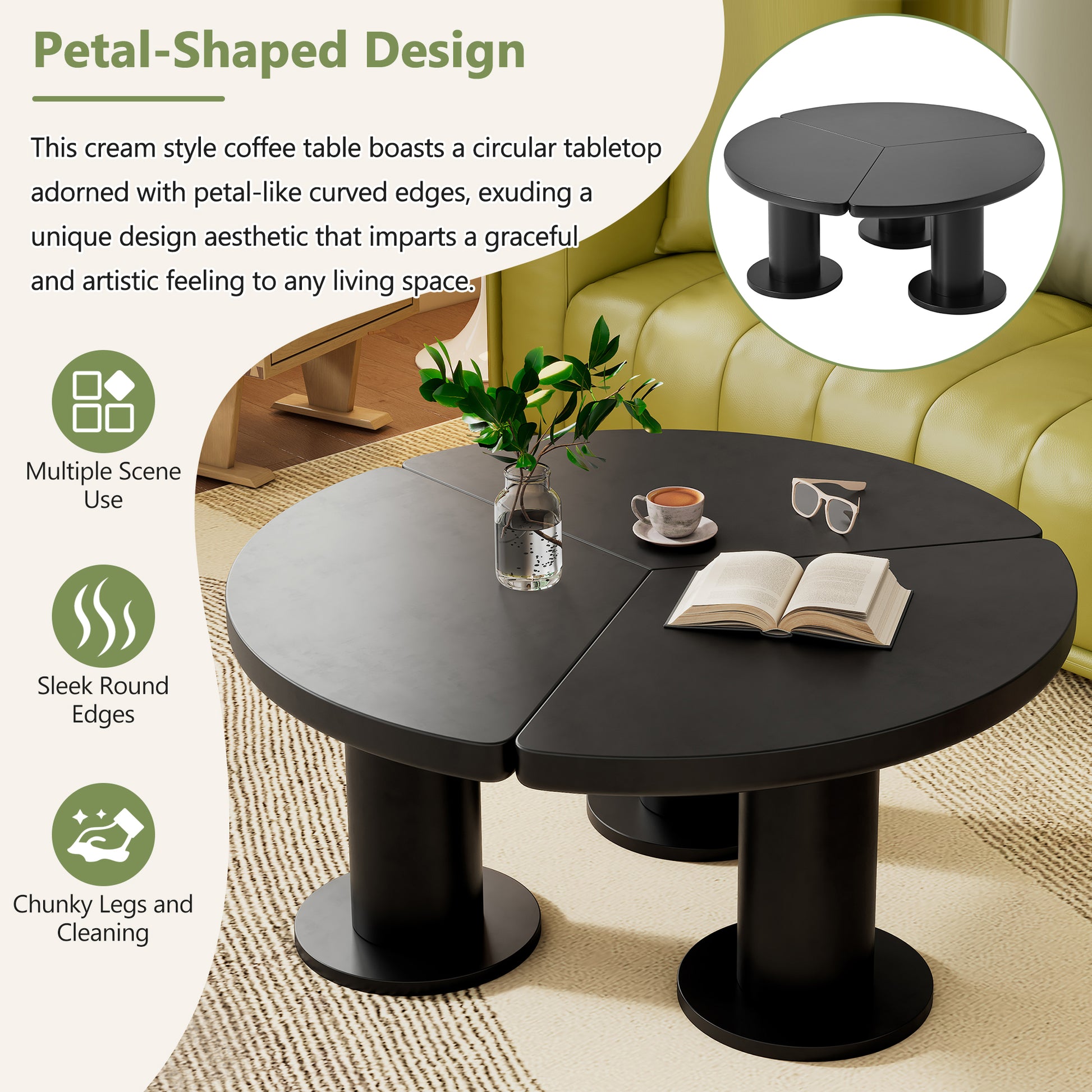 39.4'' Easy Assembly Round Petal Shaped Coffee Table, Cream Style Center Table With 3 Thick Legs, Minimalist Irregular End Table With Sleek Round Edges For Living Room, Black Black Mdf