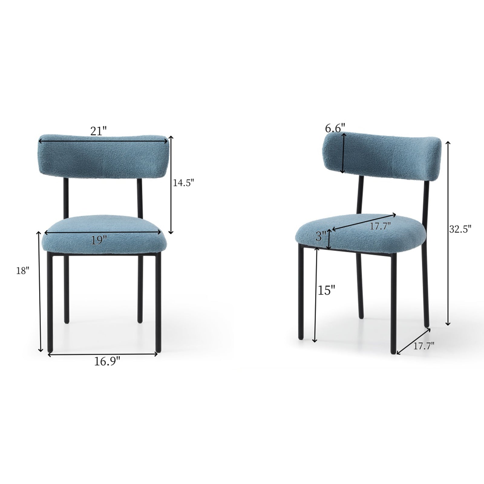 Dining Chairs Set Of 2,Round Upholstered Sherpa Fabric Dining Room Chairs With Curved Backrest,Mid Century Modern Accent Chairs With Black Metal Legs For Dining Room,Living Room,Kitchen Light Blue Foam Polyester