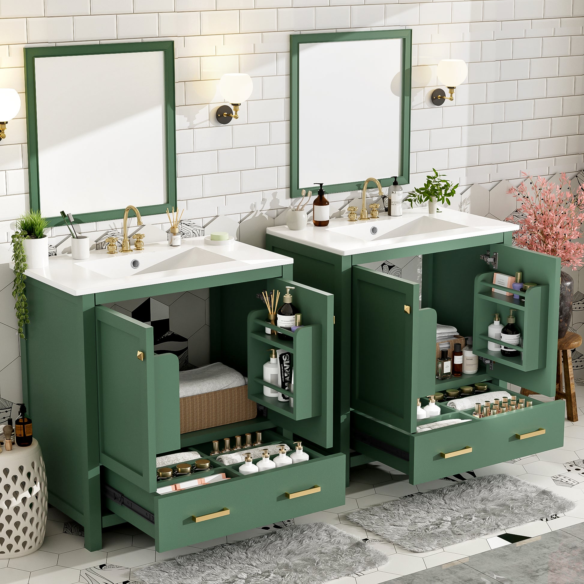 60" Green Bathroom Vanity Set With Double Vanities Separate , Double Ceramic Sinks, Storage Shelf, And Divided Drawers Mirror Not Included Modern Bathroom Solution For Spacious Bathrooms Green