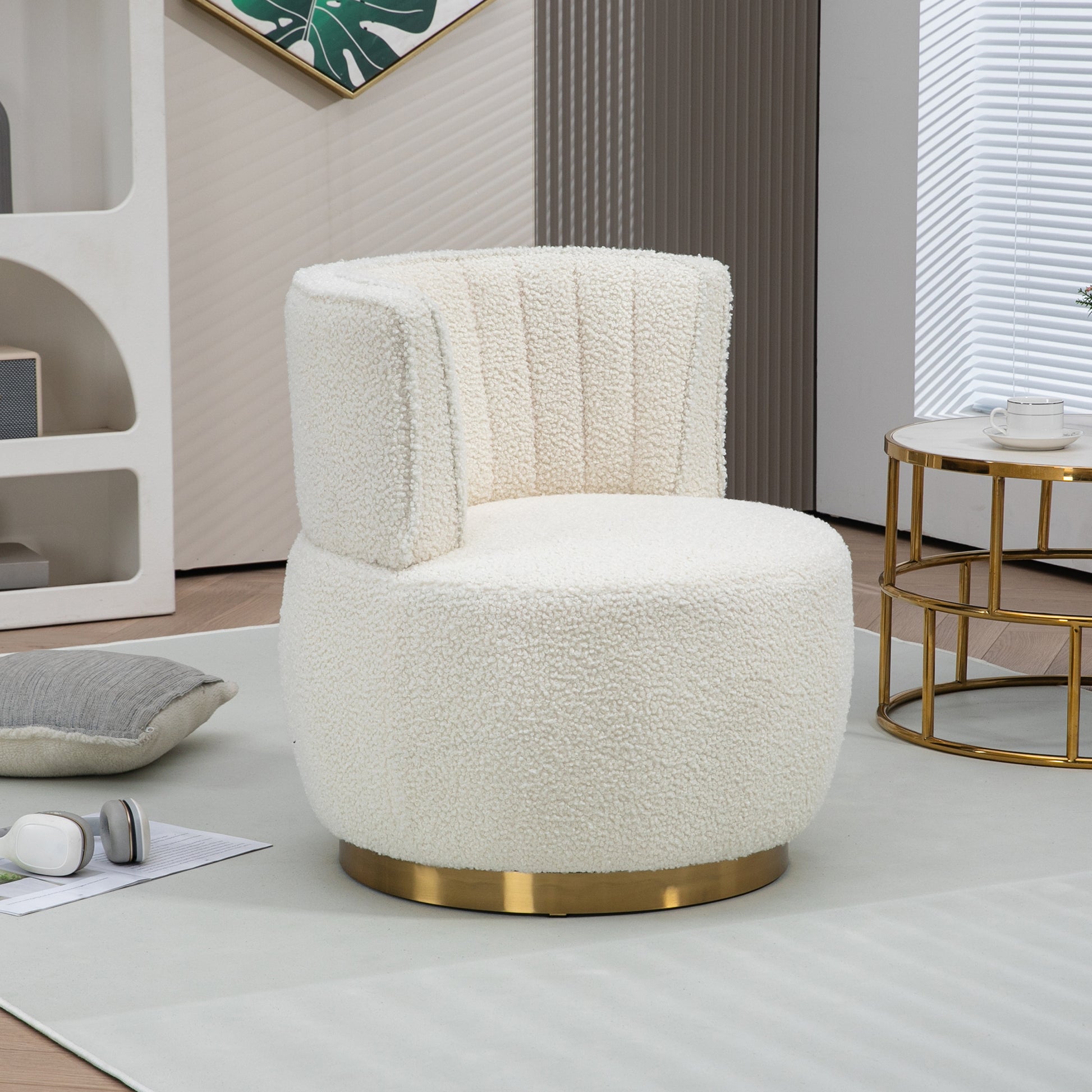 Coolmore 360 Degree Swivel Cuddle Barrel Accent Sofa Chairs, Round Armchairs With Wide Upholstered, Teddy Fabric Chair For Living Room, Bedroom, Office, Waiting Rooms White Foam Teddy